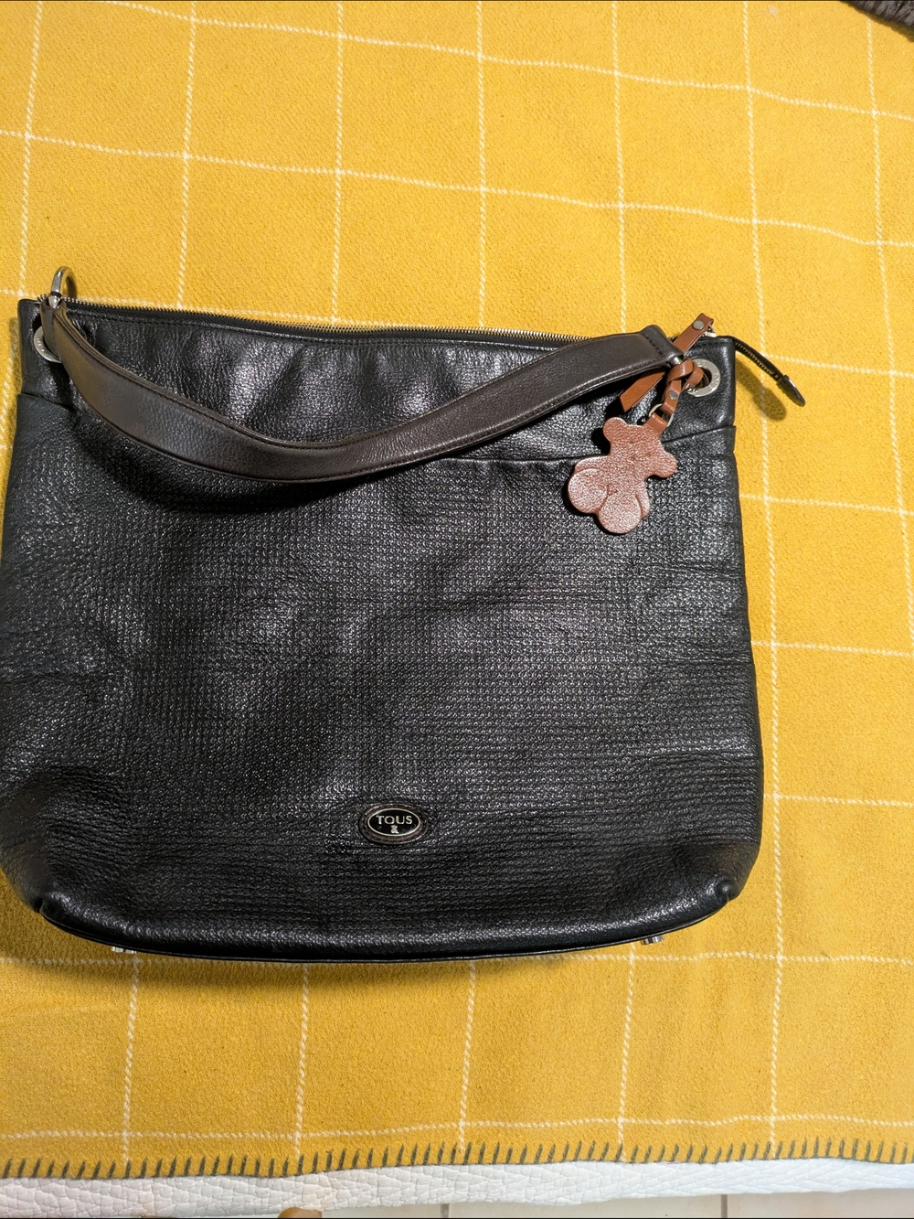 Tous Black Leather Shoulder Bag with Brown Bear Charm & Dark Brown Strap - Picture 3 of 10